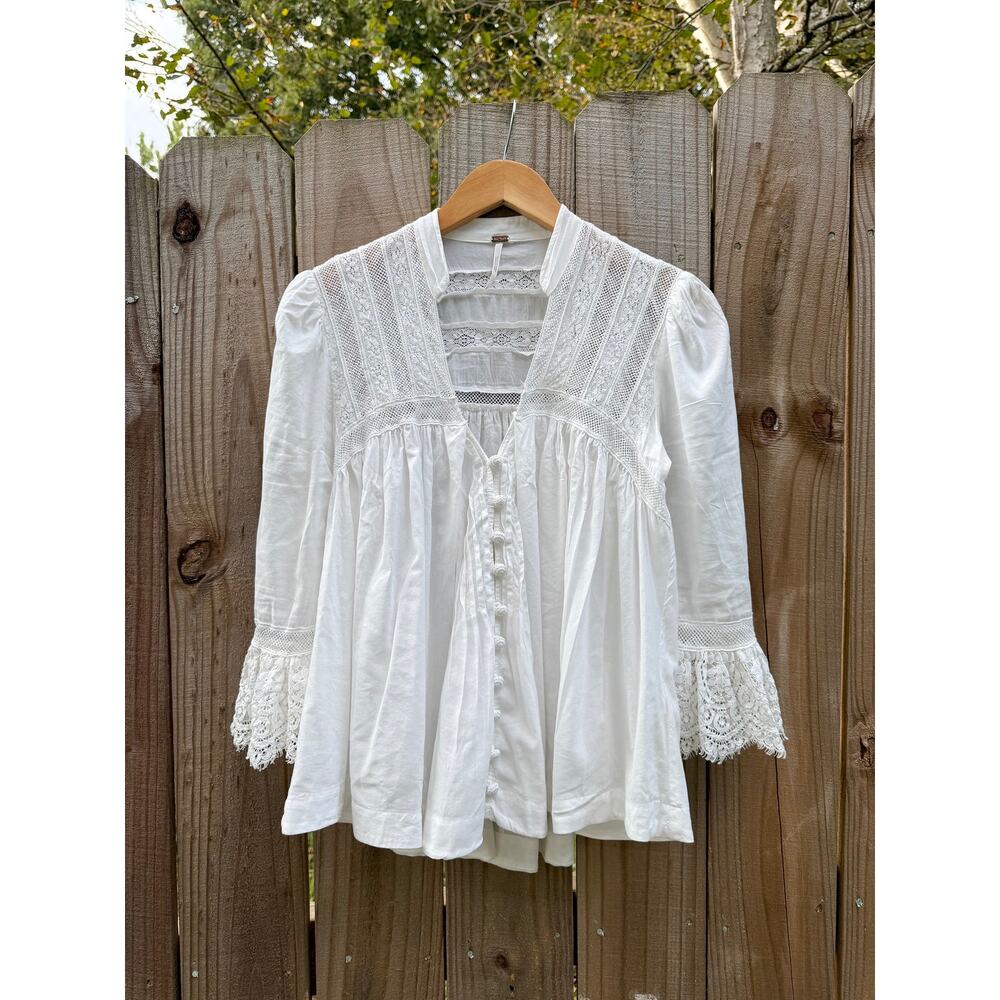 White Lace-Trim Peasant Blouse - Women's